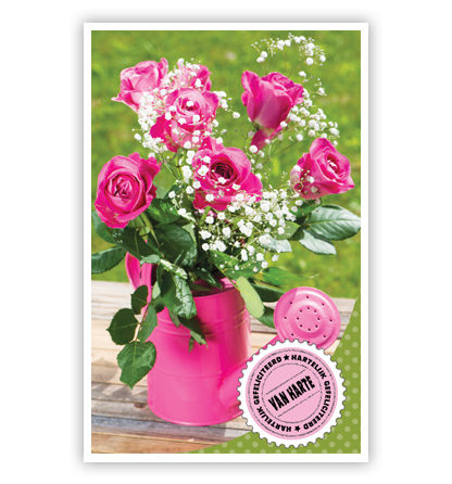 Roze bloemen in roze gieter Roze bloemen in roze gieter