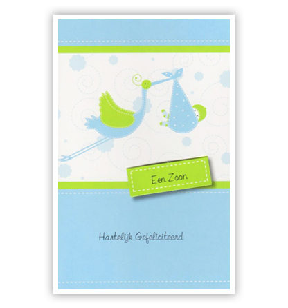 Ooievaar in blauw en groen met baby in draagdoek Ooievaar in blauw en groen met baby in draagdoek