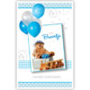 Teddybeer zit op cadeau, blauwe ballonnen Teddybeer zit op cadeau, blauwe ballonnen