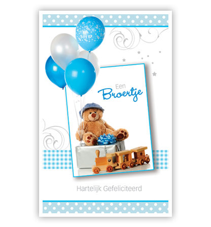 Teddybeer zit op cadeau, blauwe ballonnen Teddybeer zit op cadeau, blauwe ballonnen