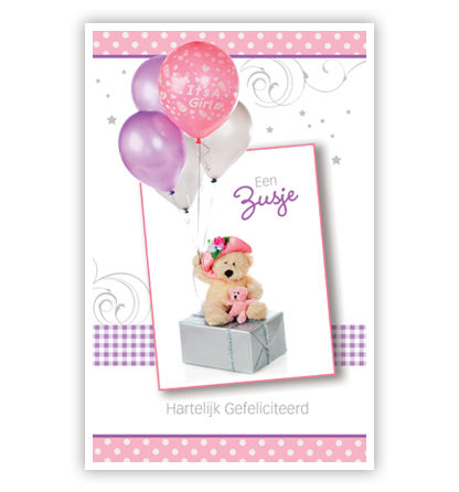 Teddybeer zit op cadeau, roze ballonnen