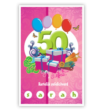 50 met 4 ballonnen, cadeaus en tekst Sarah 50 met 4 ballonnen, cadeaus en tekst Sarah