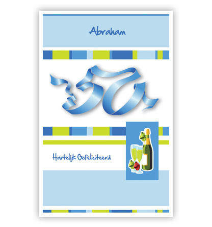 50 in blauw, champagnefles met twee glazen 50 in blauw, champagnefles met twee glazen