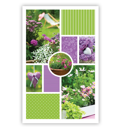 Collage met paarse bloemen en groene vlakken Collage met paarse bloemen en groene vlakken