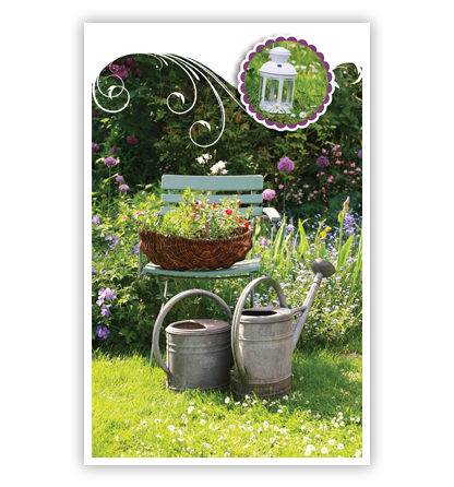 Tuin met stoel en 2 gieters Tuin met stoel en 2 gieters