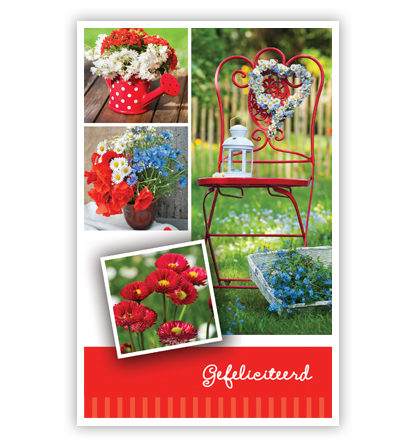 Rode stoel met lantaarn en rode bloemen Rode stoel met lantaarn en rode bloemen