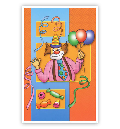 Clown met stropdas, ballonnen en snoepjes Clown met stropdas, ballonnen en snoepjes