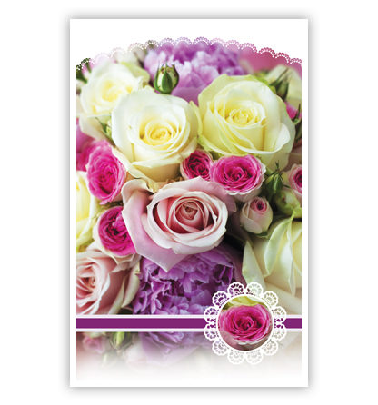 Roze, witte en paarse bloemen met een kantje