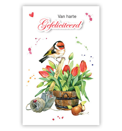 Rode tulpen en vogel op schep Rode tulpen en vogel op schep