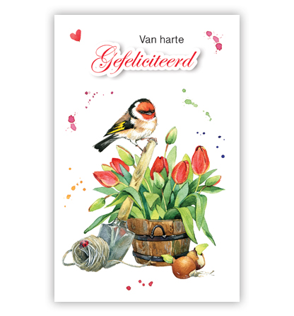 Rode tulpen en vogel op schep