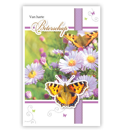 Lila bloemen en oranje vlinders