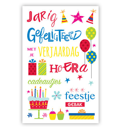Cadeau-envelop. Teksten, gebak, ballonnen en cadeaus Cadeau-envelop. Teksten, gebak, ballonnen en cadeaus