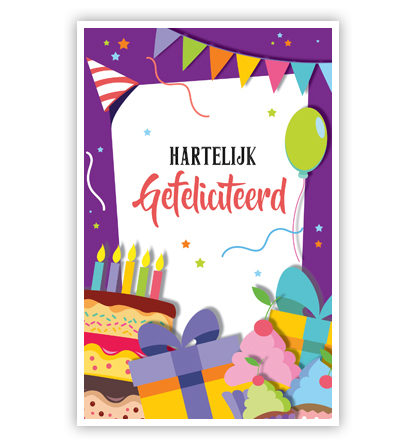 Cadeau-envelop. Gebak en cadeaus op paarse achtergrond Cadeau-envelop. Gebak en cadeaus op paarse achtergrond