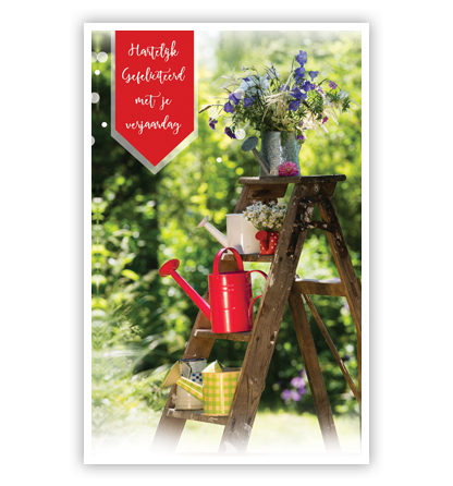 Bloemen en gieters op ladder Bloemen en gieters op ladder
