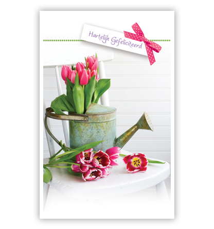 Roze tulpen in gieter op stoel Roze tulpen in gieter op stoel