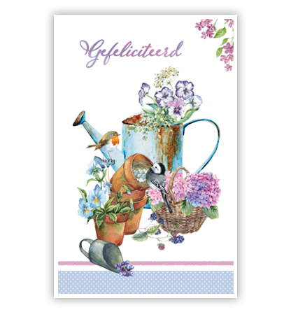 Bloemen in gieter/pot/mand en 2 vogels Bloemen in gieter/pot/mand en 2 vogels