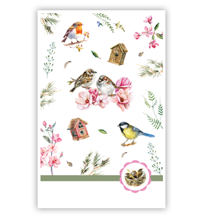 Vogels, roze bloemen en huisjes Vogels, roze bloemen en huisjes