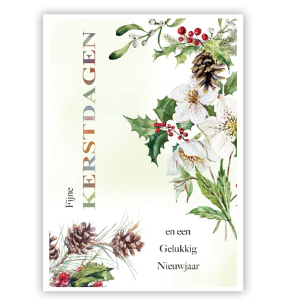 Witte bloemen, dennenappels en hulst Witte bloemen, dennenappels en hulst