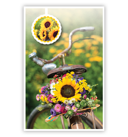 Boeket met zonnebloem op fiets Boeket met zonnebloem op fiets