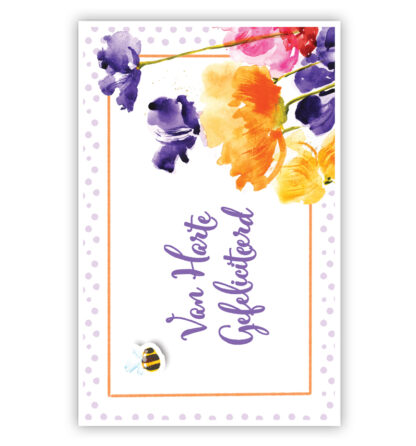 Tekst in geel kader met getekende bloemen