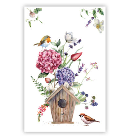 Vogelhuisje, vogels en bloemen