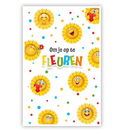Budgetkaart: Zonnebloemen met smileys en stippen Budgetkaart: Zonnebloemen met smileys en stippen
