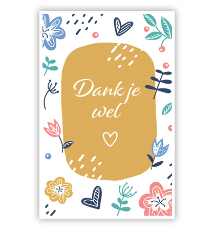 Budgetkaart: Dank je wel op geel vlak en bloemen Budgetkaart: Dank je wel op geel vlak en bloemen